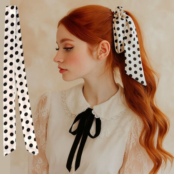 Polka Dot Slim Silk Scarf 34in White Black Retro Coquette Pinup Style No23 - Picture 1 of 8
